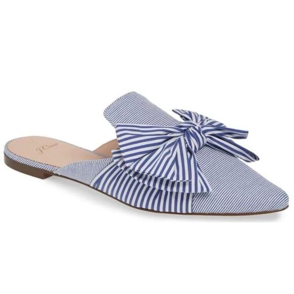 J. CREW | Bow Tie Stripe Blue White Mules Flats Slides Preppy Fabric | Size 7 - Picture 1 of 8